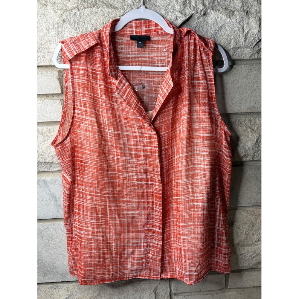Worthington Womens XL Orange White Crosshatch Sleeveless Button Down Blouse NWT
